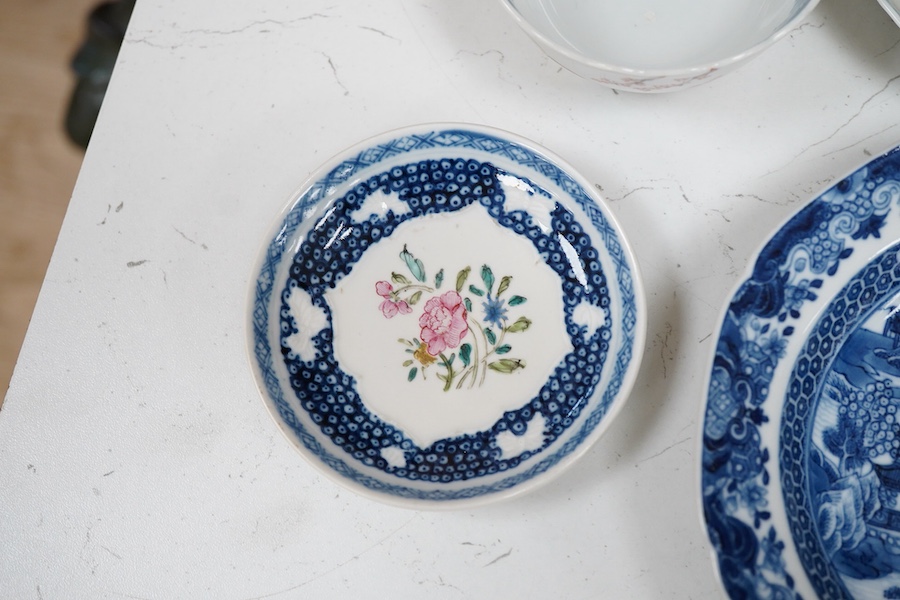 A group of 18th/19th century Chinese blue and white porcelain tea and dinner wares and an unusual Chinese soft paste porcelain famille rose saucer dish